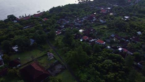 Sideway-tilt-down-top-of-small-balinese-village,-drone-shot