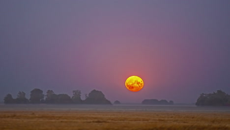 Super-moon-rises-over-a-farm-field-with-a-low-layer-of-fog-or-mist-to-glow-over-the-countryside---time-lapse