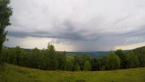Timelapse-of-rain-clouds-approaching-from-the-horizon-over-a-meadow-surrounded-by-trees