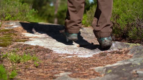 Hiking-trail-low-angle-with-person-and-shadow-entering-frame-and-passing-camera-with-only-shoes-and-legs-visible---Beautiful-sunny-slow-motion-shallow-depth-clip-with-green-vegetation