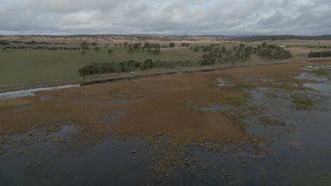 Aerial-zoom-in-wetlands-swamp-and-green-meadow-at-the-outback-of-Australia