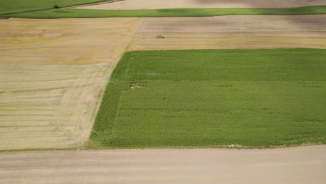 Harvesting-season-in-USA,-hot-summer-day-in-field,-aerial-view