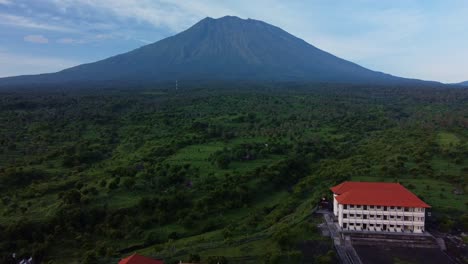Aerial-view-of-village-with-mount-Agung-in-background