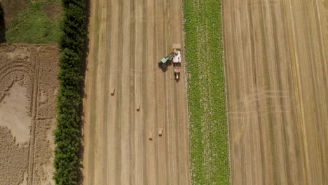 Aerial-Top-Down-View-of-Hay-Harvest-Agriculture-Machinery,-Tractor-in-Agricultural-Farmland-Field-Working-Carry-Load-Hay-Bales-on-Truck,-Farm-Work-and-Labor
