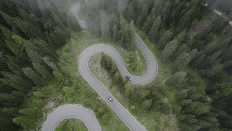 Cars-drive-on-curvy-Snake-Road-through-dense-coniferous-forest