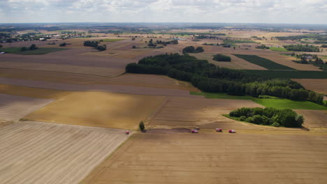 Aerial-panorama-view-over-yellow,-wheat-fields-and-green-forest-trees-in-sunlight
