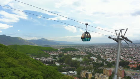 AERIAL---Aerial-tramway-or-cable-car-in-Salta,-Argentina,-wide-spinning-shot