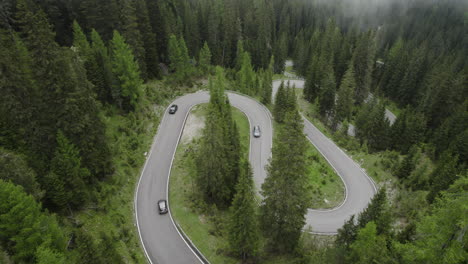 Scenic-drive-down-Giau-Pass-through-alpine-forest,-Dolomites