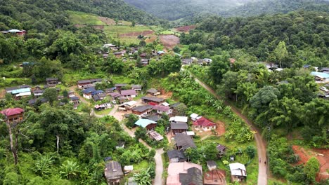 Aerial-View-Of-Karen-Tribe-Village-In-Chiang-Mai-And-Terrace-Farms-On-Hillside