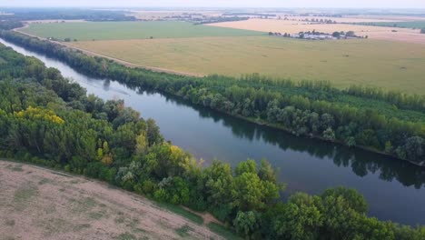 River-Surrounded-by-Crop-Land-and-Trees,-Natural-Agriculture-Plantation-Aerial
