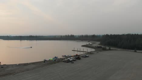 4K-Drone-Video-of-Sea-Doo-Personal-Watercraft-on-Tanana-Lake-in-Fairbanks,-AK-during-Summer-Day