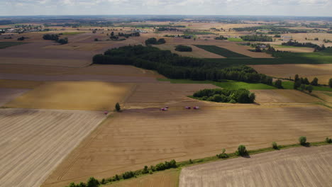 Panoramic-View-Over-Agricultural-Fields-During-Harvest-In-Poland---aerial-drone-shot