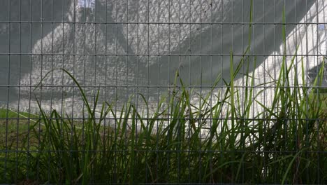 Metallic-fence-with-white-canvas,-weeds-growing
