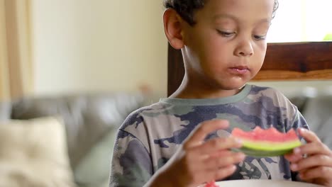 Little-boy-eating-sweet-red-watermelon-stock-footage