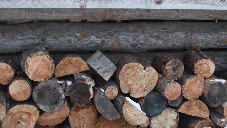 Panning-right-old-round-logs-pile-in-front-of-silver-gray-log-wall