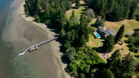 Aerial-view-of-a-waterfront-estate-with-a-large-pool-and-private-dock-on-Whidbey-Island
