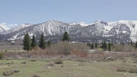4k-drone-footage-slow-rotation-of-an-early-spring-meadow-in-Mammoth-Lakes-with-Mammoth-Mountain-and-snow-topped-peaks-in-the-distance