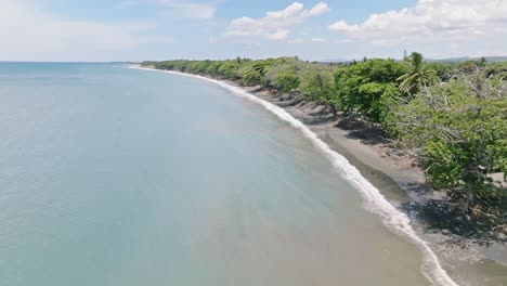 Olas-Oceánicas-Salpicando-En-La-Orilla-De-Playa-Palenque-Con-Exuberante-Vegetación-En-San-Cristobal,-República-Dominicana---Toma-Aérea-De-Drones