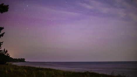 Timelapse-shot-of-milky-way-stars-visible-along-with-aurora-at-night-time-along-seaside