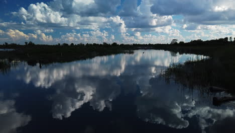 Wide-shot-tilting-up-from-calm-pond-surface-to-reveal-a-summer-sky