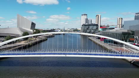Aerial-drone-flight-along-Media-City-at-Salford-Quays-flying-away-from-the-footbridge-over-the-ship-canal-showing-Media-City-and-The-Imperial-War-Museum