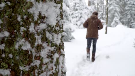 Caucasian-man-in-casual-winter-clothing-walking-along-snowy-path-in-german-Harz-mountains-while-it-is-snowing