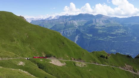 A-train-on-a-mountain-track-in-Switzerland-is-driving-down-from-Brienzer-Rothorn-in-the-stunning-surroundings-of-the-mountain-of-the-Alps-of-Europe-on-a-clear-blue-day,-close-to-Lake-Brienz