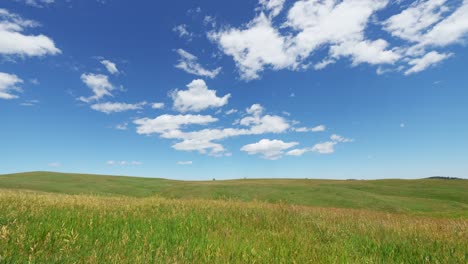 Timelapse-of-summer-clouds-flowing-over-a-green-grass-field-meadow-during-summer