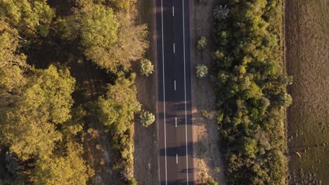 Aerial-top-down-ascending-view-over-car-driving-along-straight-rural-country-road-of-Uruguay