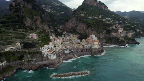 Aerial-approach-on-holiday-villas-in-Atrani-City-on-Amalfi-coast-mountains-by-the-sea