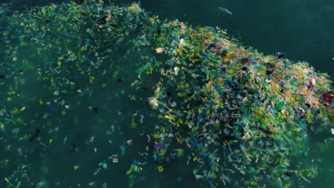 Aerial-birdseye-static-shot-of-plastic-bags-floating-in-sea-waters