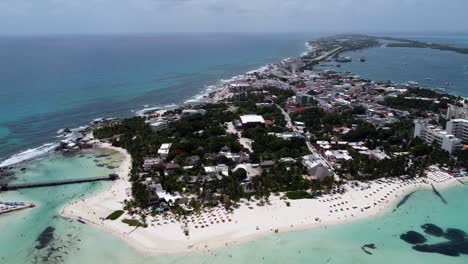 An-aerial-shot-of-Isla-Mujeres-Island,-Mexico-in-the-daytime