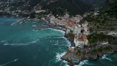 Tourists-driving-cars-on-via-pantaleone-comite,-Amalfi-coast-road,-aerial-view