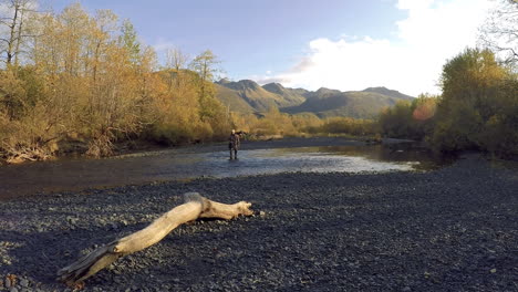 Un-Fotógrafo-De-Naturaleza-Y-Vida-Silvestre-Cruza-Un-Río-De-Salmón-Después-De-Terminar-Una-Sesión-De-Fotos-De-Otoño-En-El-Desierto-De-La-Isla-De-Kodiak,-Alaska