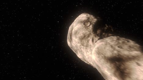Hochwertige-3D-CGI-Vorbeiflugsimulation-Des-Asteroiden-Toutatis,-Der-Sich-Mit-Langsamer-Längsrotation-Seinen-Weg-Durch-Das-Sternenfeld-Des-Weltraums-Bahnt