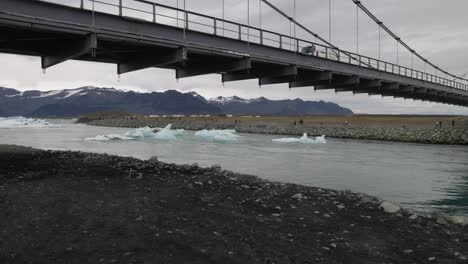 Glacier-Lagoon-in-Iceland-with-gimbal-video-walking-forward-under-bridge