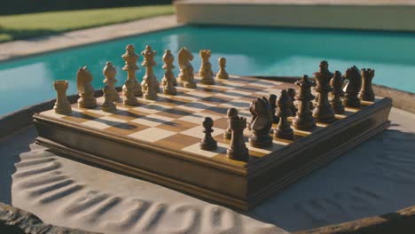 A-wooden-chessboard-is-ready-to-start-playing,-it-is-placed-on-an-outdoor-table-and-in-the-background-you-can-see-the-grass-and-a-swimming-pool,-it-is-late-afternoon-in-Italy