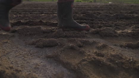 Farmer-with-gumboots-walking-through-muddy-road-with-tire-tracks,-close-up