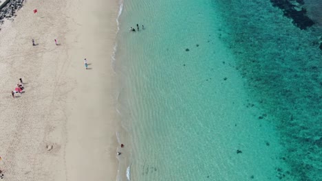 Drone-captures-an-aerial-image-of-the-sea's-azure-water-near-a-beach-where-people-are-strolling-on-the-sand-and-swimming