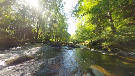 Fliegen-über-Einen-Fluss-In-Einem-Spektakulären-Wald-Von-Wales-Mit-Sonnenlicht,-Das-Durch-Die-Bäume-Kommt
