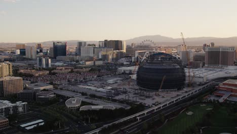 Aerial-drone-footage-of-Las-Vegas-Strip-from-the-East-during-sunset-2022