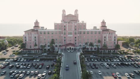 Drone-shot-of-Front-of-famous-historic-pink-hotel-on-St