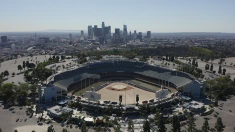 Los-Angeles-Dodger-stadium-and-downtown-city-skyscrapers-in-background