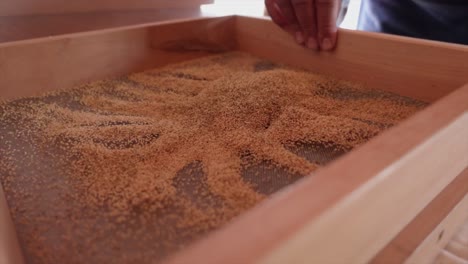 Sifting-dry-seeds-on-a-square-sifting-tray,-close-up
