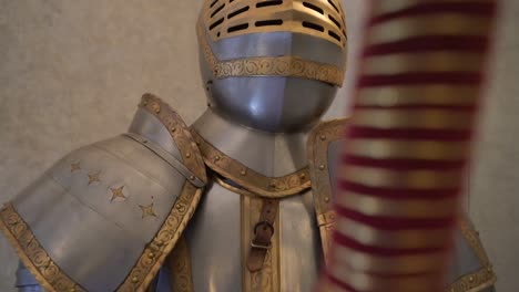 Close-up-historic-ancient-metal-suit-of-armour-on-display-in-museum