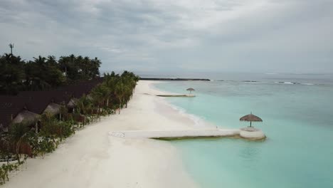 Drone-flies-above-the-sea-shore-in-a-Maldives-resort-with-villas-palms-and-a-bird-near-the-sea