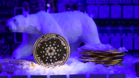 CARDANO-cryptocurrency-with-polar-bear,-CRYPTO-WINTER-mining-concept,-close-up-PAN-RIGHT