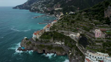 Luna-Rossa-Amalfi-coast-from-drone-view,-steep-cliff-shore-of-Tyrrhenian-sea