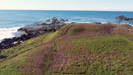 Drone-aerial-pan-shot-of-surfer-walking-on-trail-island-surf-break-nature-landscape-scenery-travel-tourism-NSW-North-Coast-Yamba-Australia-4K