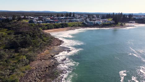 Drone-aerial-landscape-view-main-town-beach-baths-tourism-travel-Pacific-Ocean-Yamba-North-Coast-Angourie-Australia-4K
